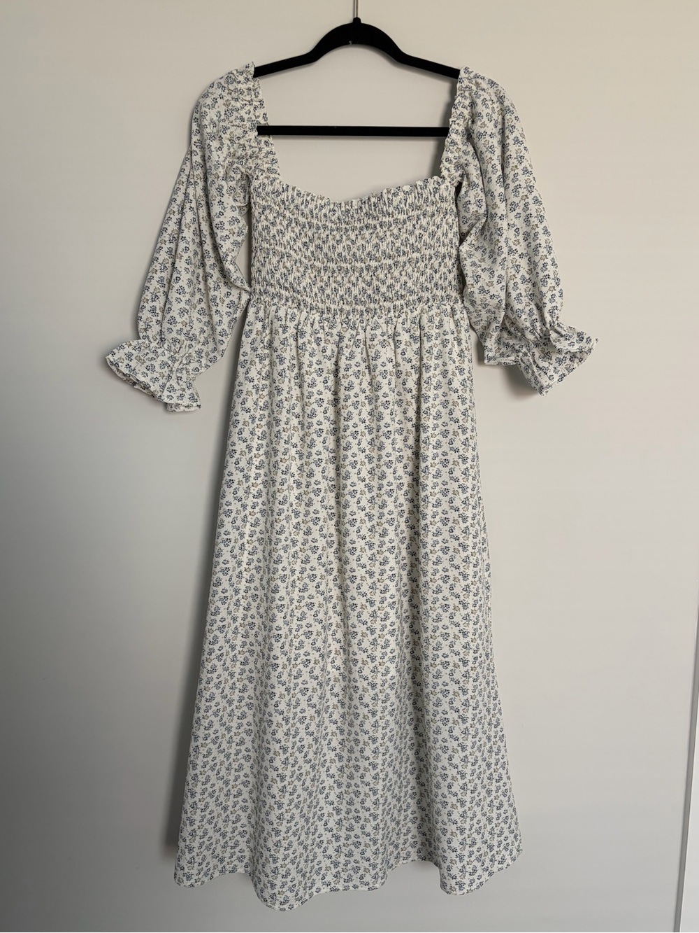 Entro Blue Floral Smocked Midi Dress Puff Sleeve Cottagecore Prairie Women’s S